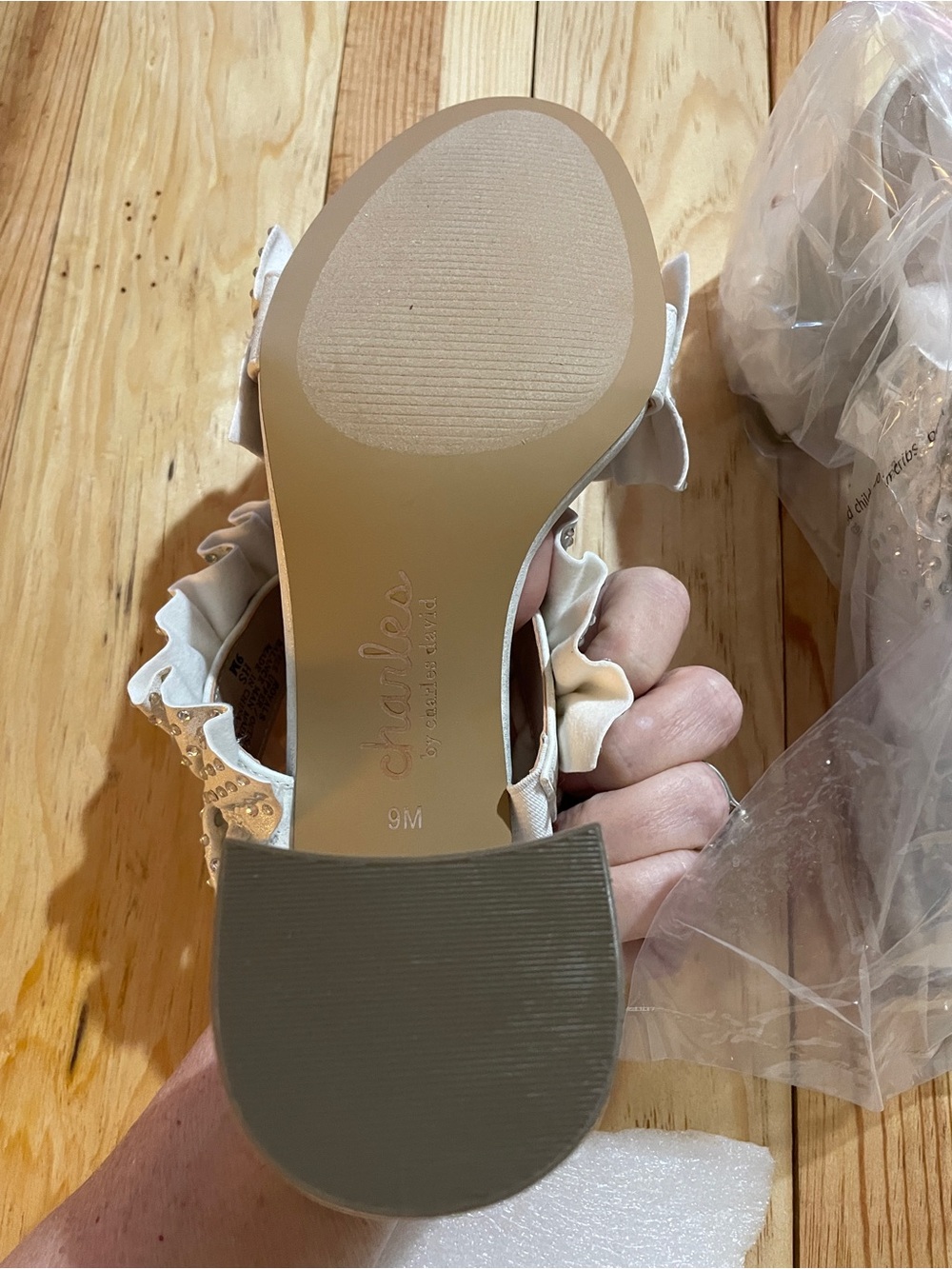 Ruffled Rhinestone Block Heel Slide - Ivory - Picture 9 of 12